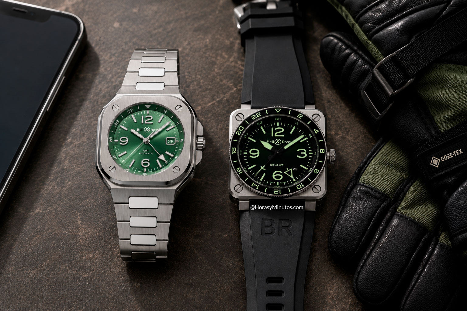 Bell & Ross BR-05 GMT Green Steel y BR-03 GMT Green Lum
