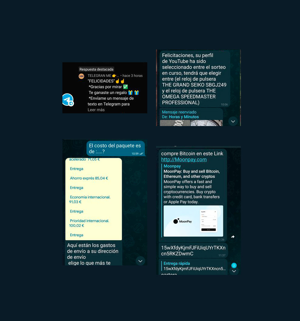 Capturas del intento de estafa en YouTube y Telegram