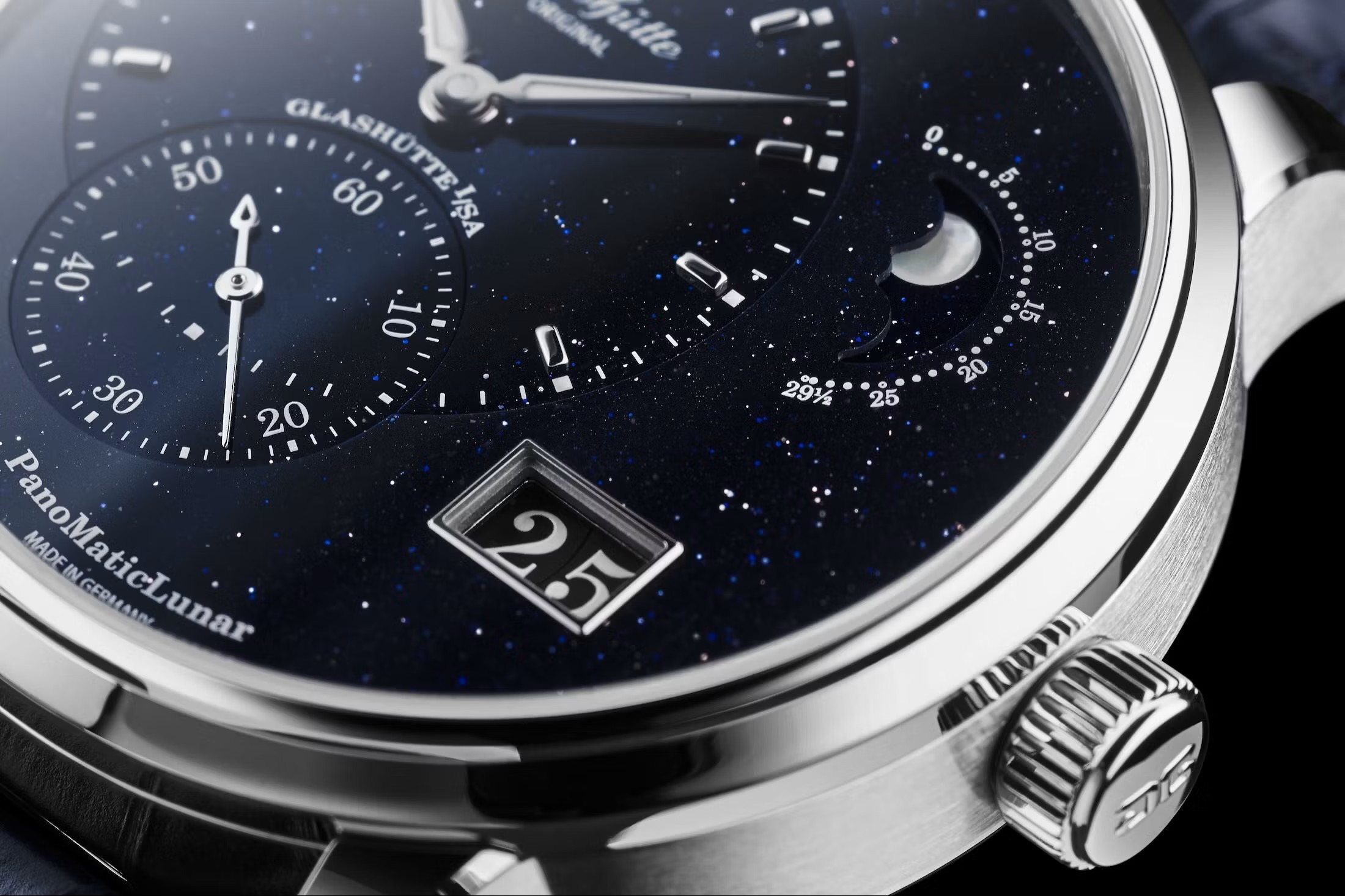 Detalle de la esfera del Glashütte Original PanoMaticLunar Anniversary Edition