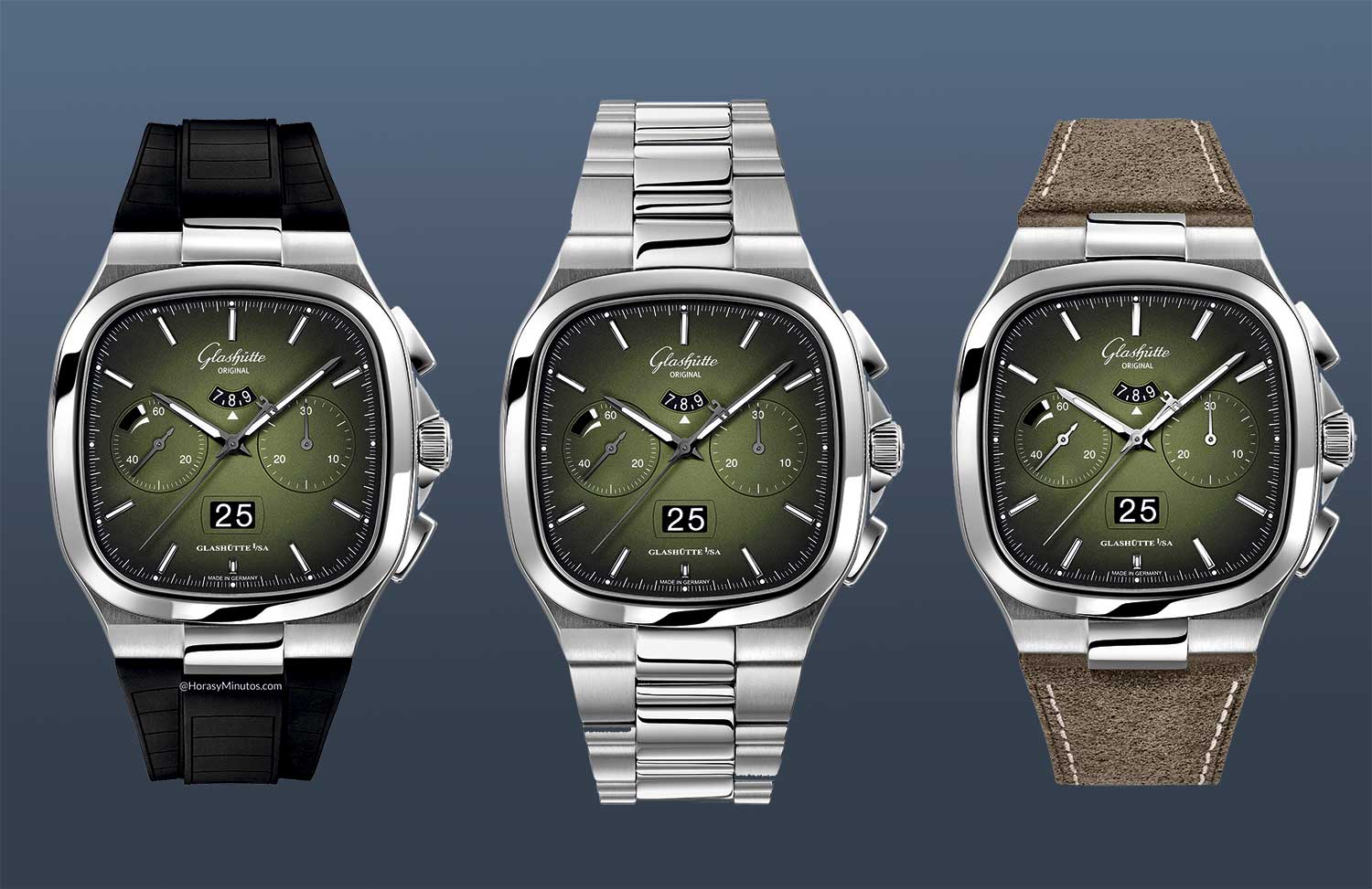 Las tres versiones del Glashütte Original Seventies Chronograph Panorama Date "Fab Green"