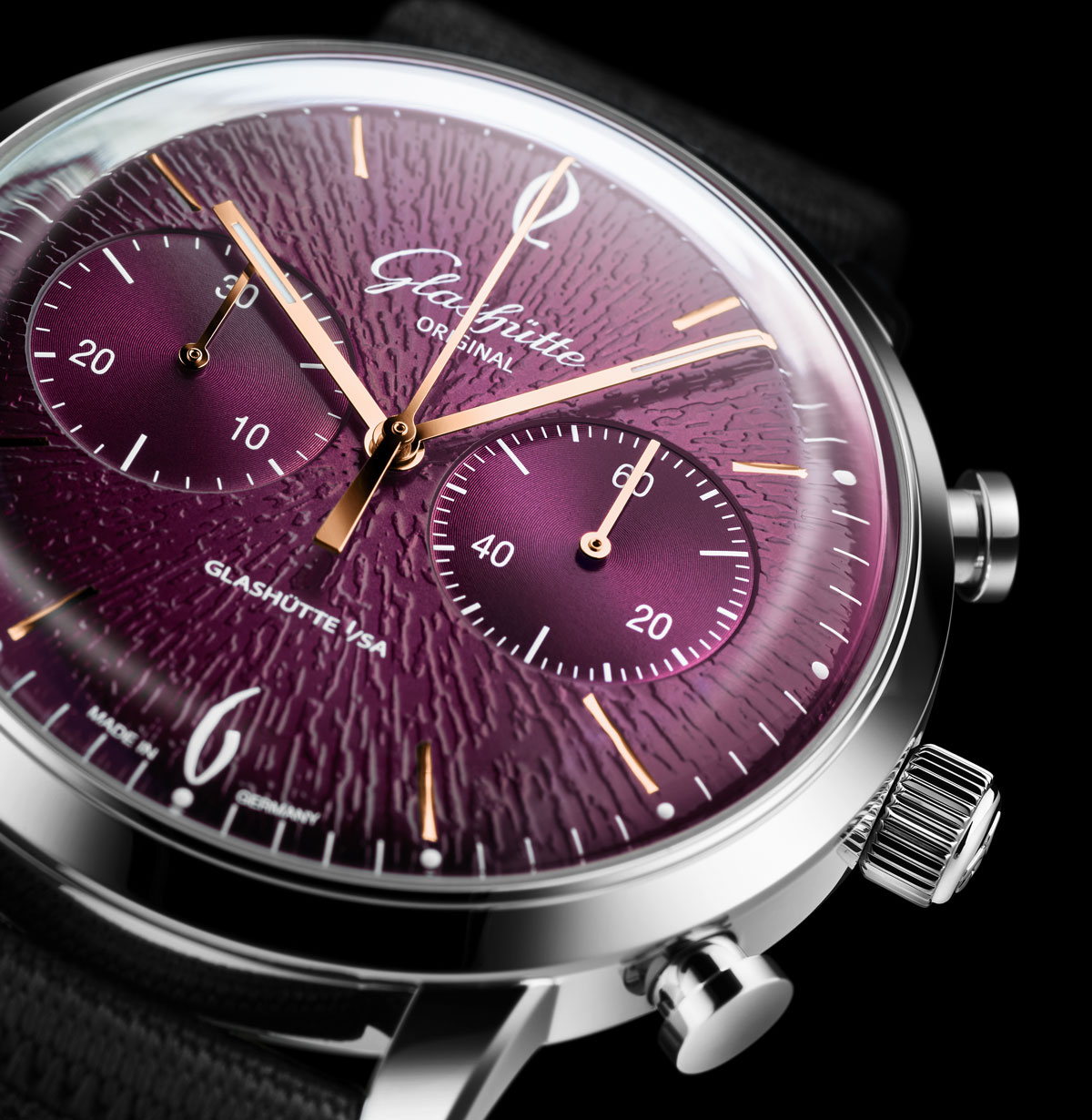 Detalle de la esfera del Glashütte Original Sixties Chronograph Annual Edition