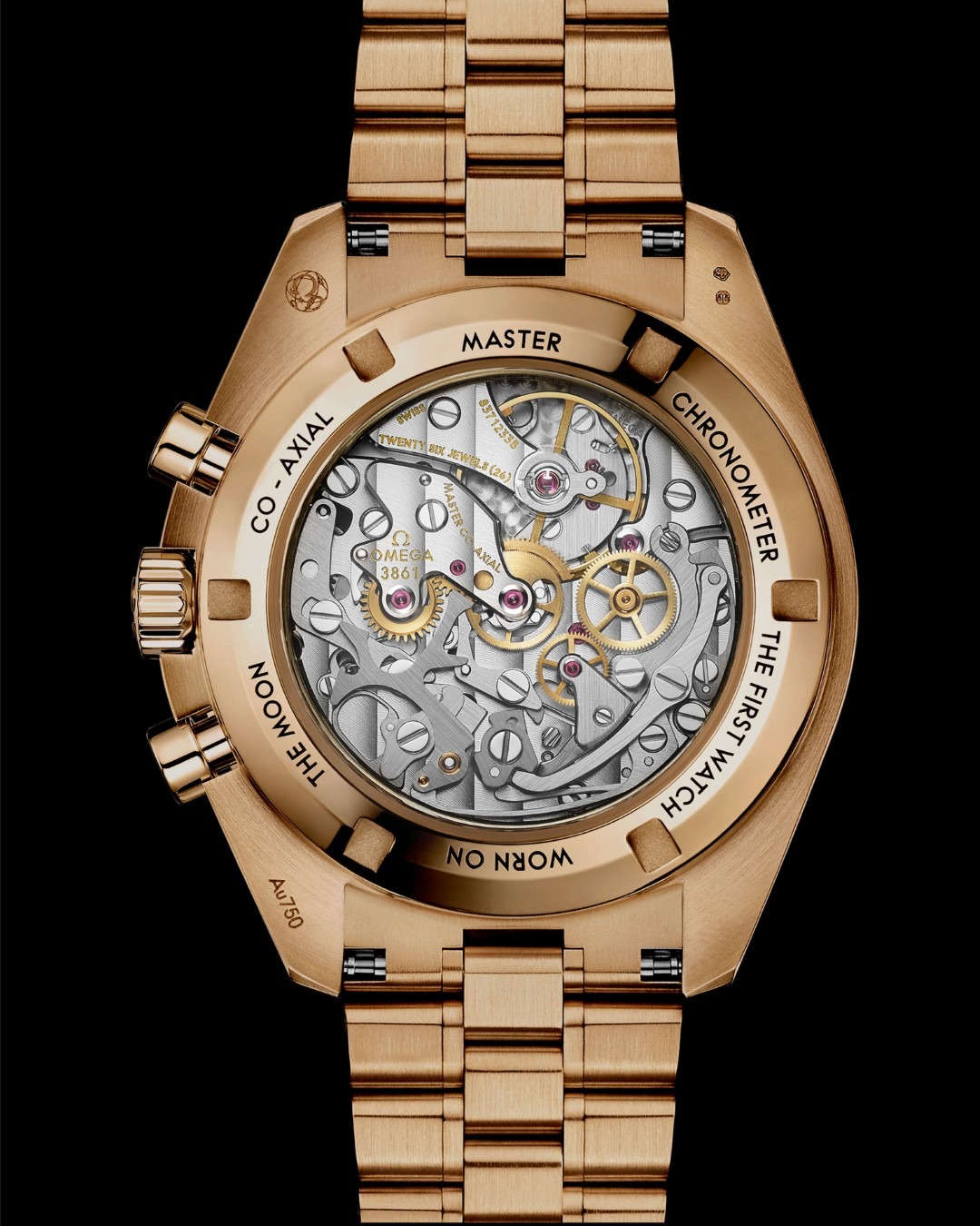 El calibre 3861 del Omega Speedmaster Moonwatch Panda Inverso versión de oro