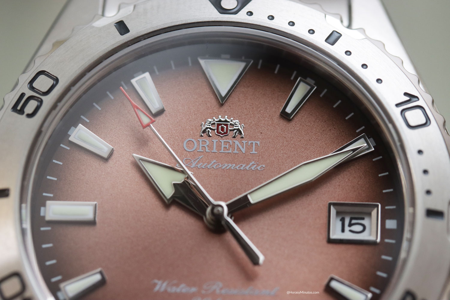 Detalle del escudo en el Orient Mako 40 RA-AC0Q17Y