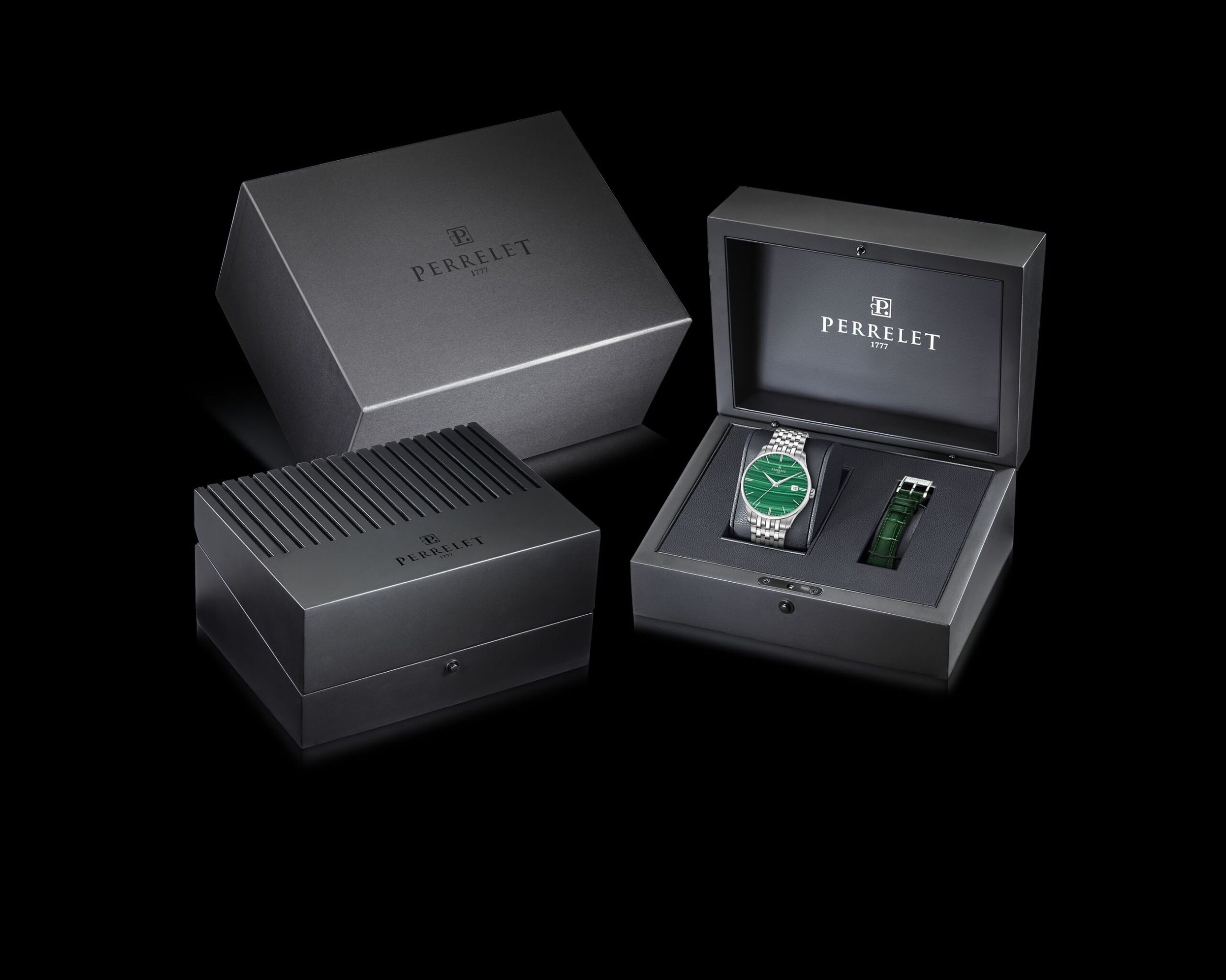 Caja de los Perrelet Weekend Malaquita y Aventurina