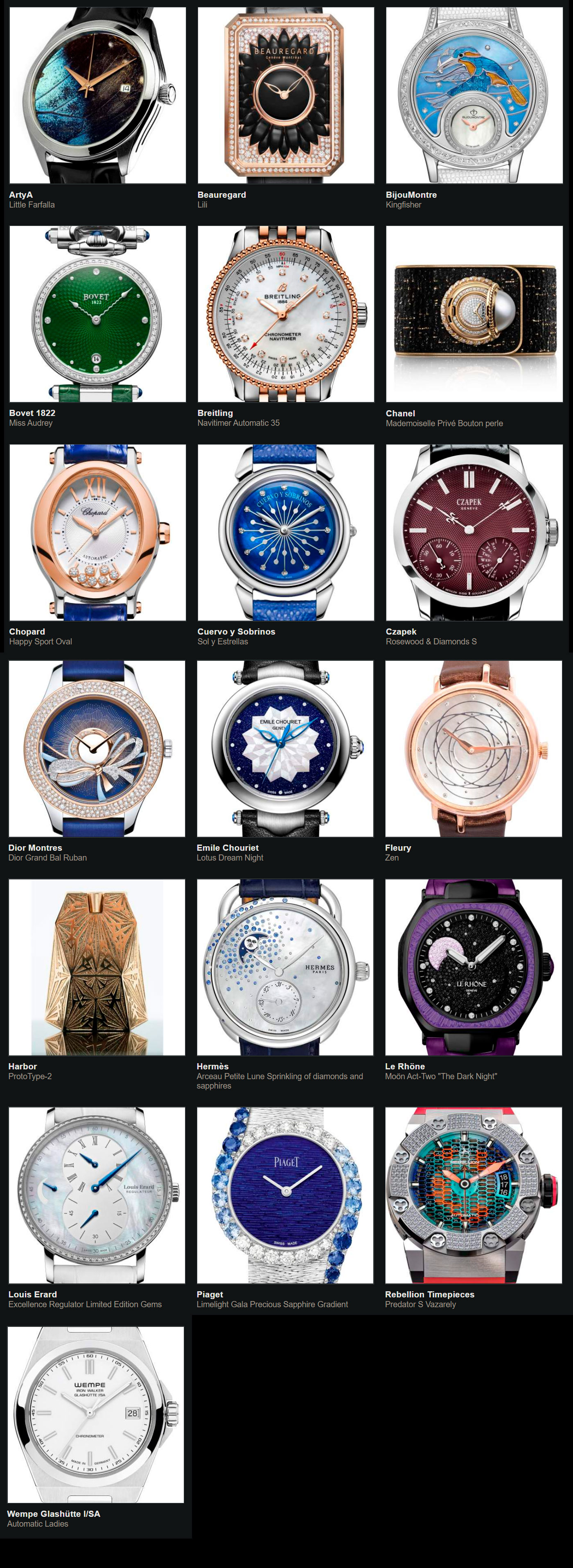 Relojes preseleccionados para el Gran Premio de Relojería de Ginebra 2020 Dama