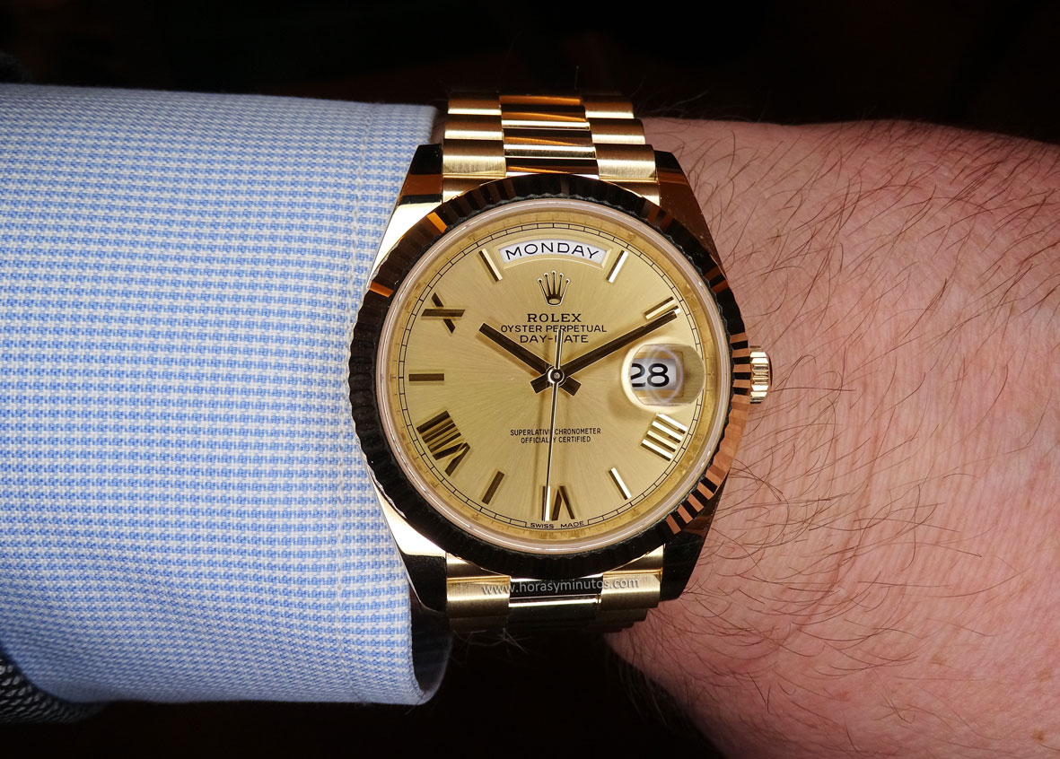 Rolex Oyster Perpetual Day Date oro amarillo esfera champagne frontal Horas y Minutos