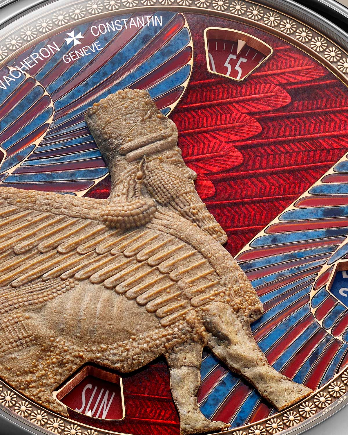 Detalle de la esfera del Vacheron Constantin Métiers d'Art Homenaje a las grandes civilizaciones Lamssu de Sargon II