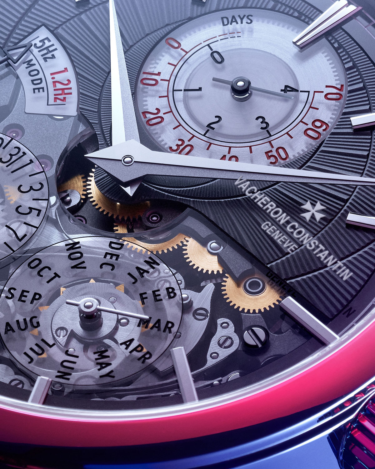 Detalle de la esfera del calibre 3610 QP de Vacheron Constantin Traditionnelle Twin Beat Calendario Perpetuo