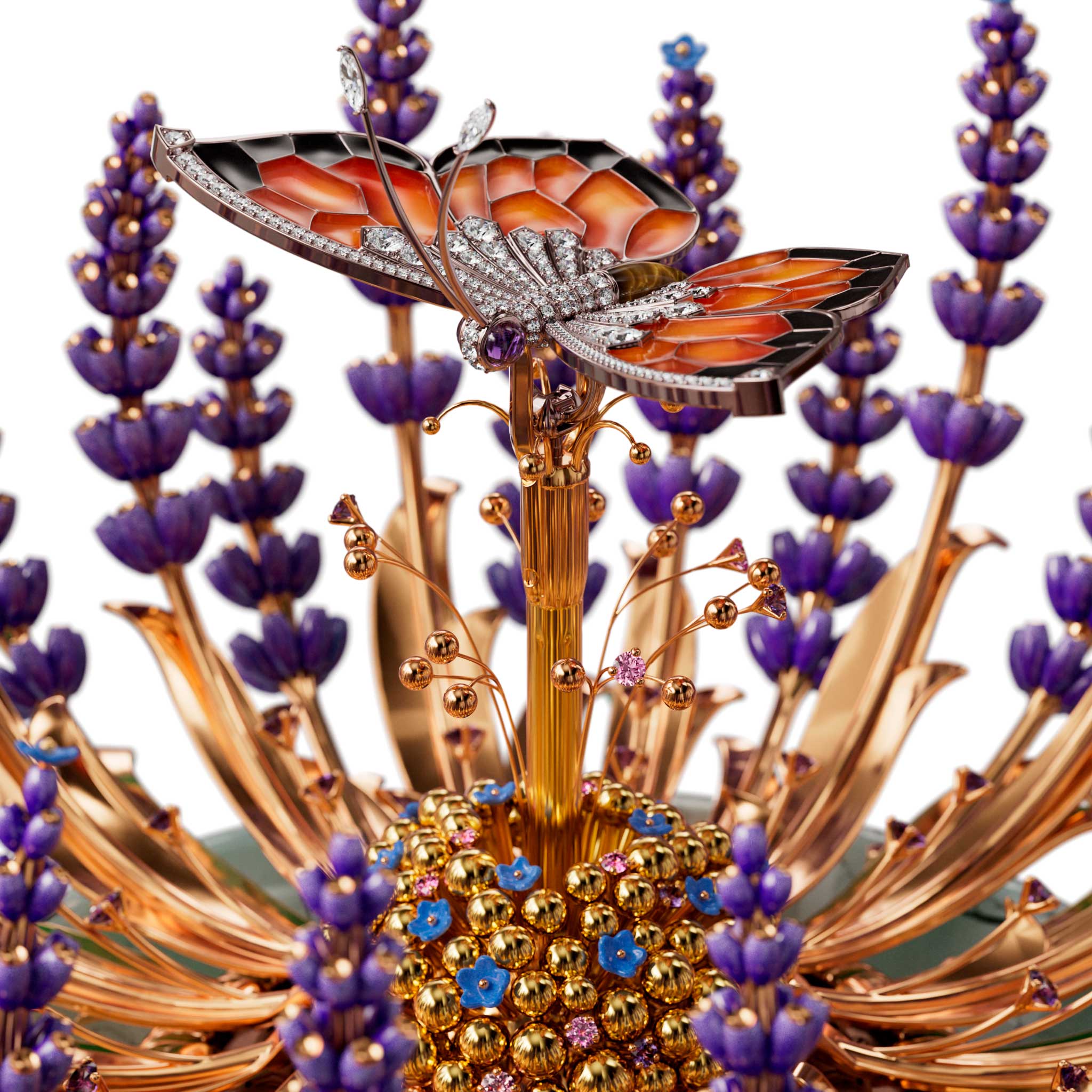 La mariposa del Van Cleef & Arpels Brassée de Lavande automaton, elevada
