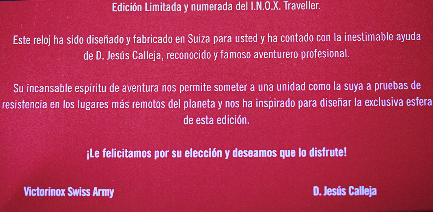Cartón incluido en la caja del Victorinox I.N.O.X. Traveller Edición Limitada